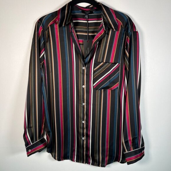NWT HAVER LONDON Satin Striped V‎ neck Button Up LS Shirt WEAR UNTIED/TIED XS - Picture 3 of 13